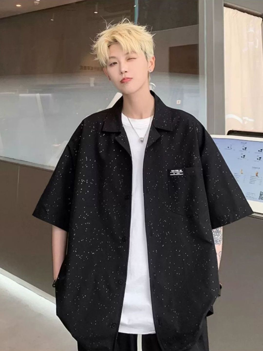 

HERE&NOW Men Original Micro Ditsy Printed Casual Oversized Shirt, Black