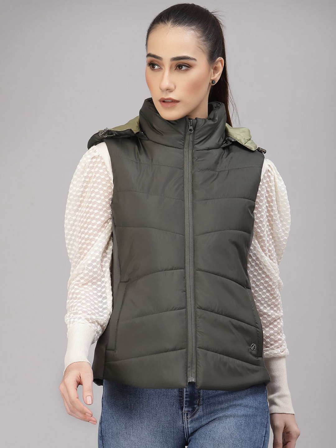 

Gipsy Women Colourblocked Synthetic Longline Parka with Patchwork Jacket, Olive
