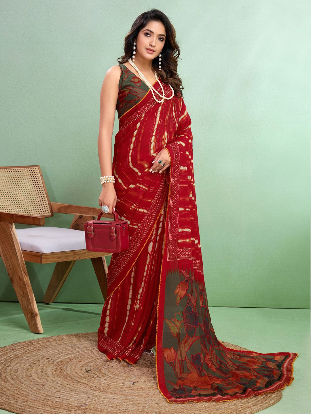 

Saree mall Women Block Print Sarees With Blouse Piece, Red