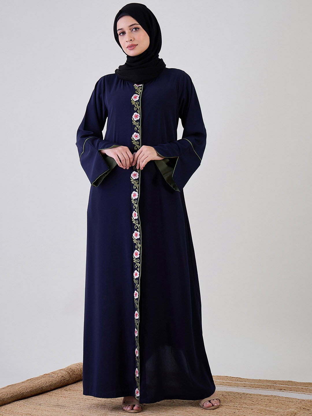 

NABIA Women Floral Embroidered Front Open Abaya Burqa, Navy blue