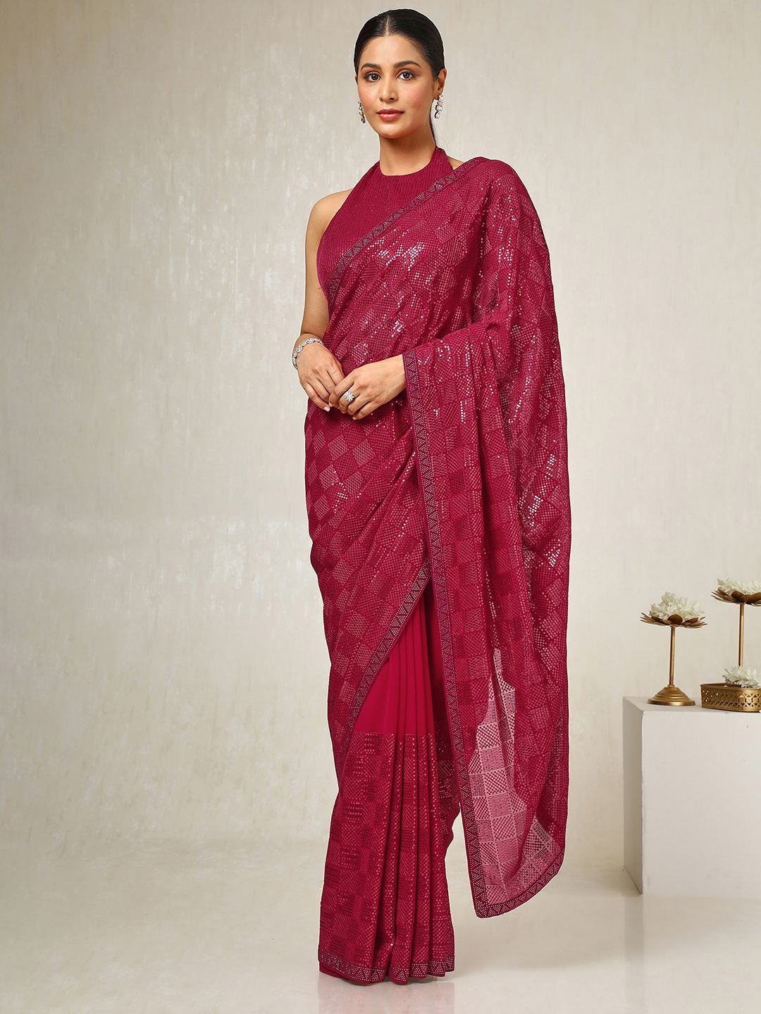 

Soch Embellished Sequinned Pure Georgette Saree, Red