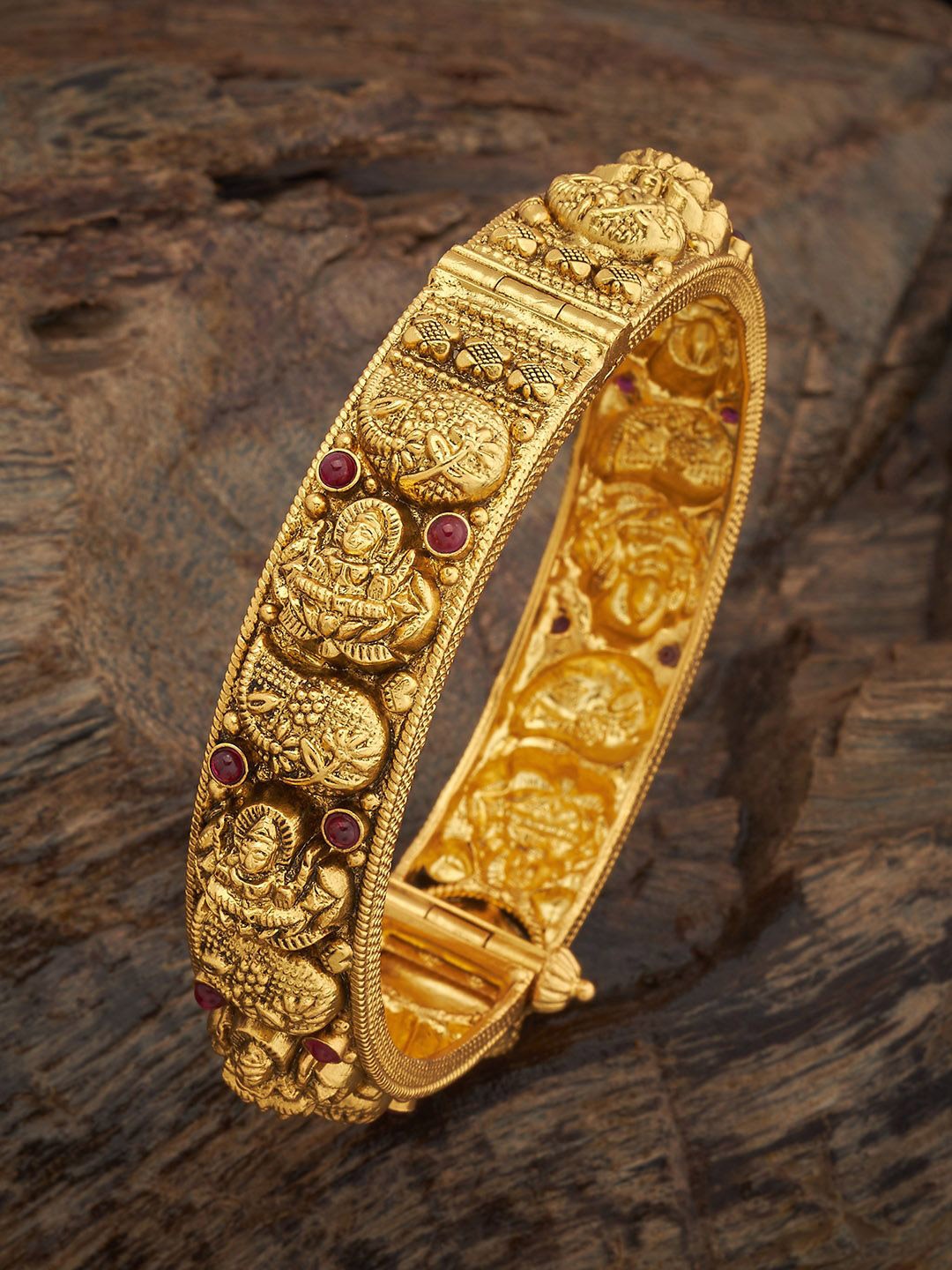 

Kushal's Fashion Jewellery 92.5 Pure Silver Gold-Plated Stone-Studded Temple Bangle