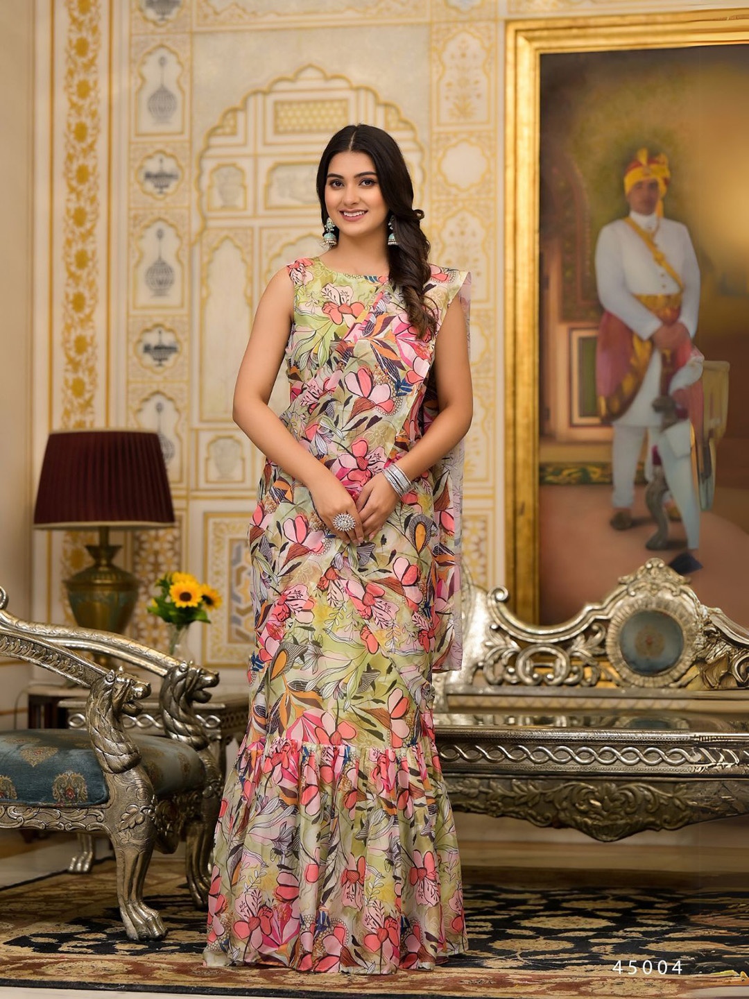 

ODETTE Floral Printed Ready To Wear Saree, Green