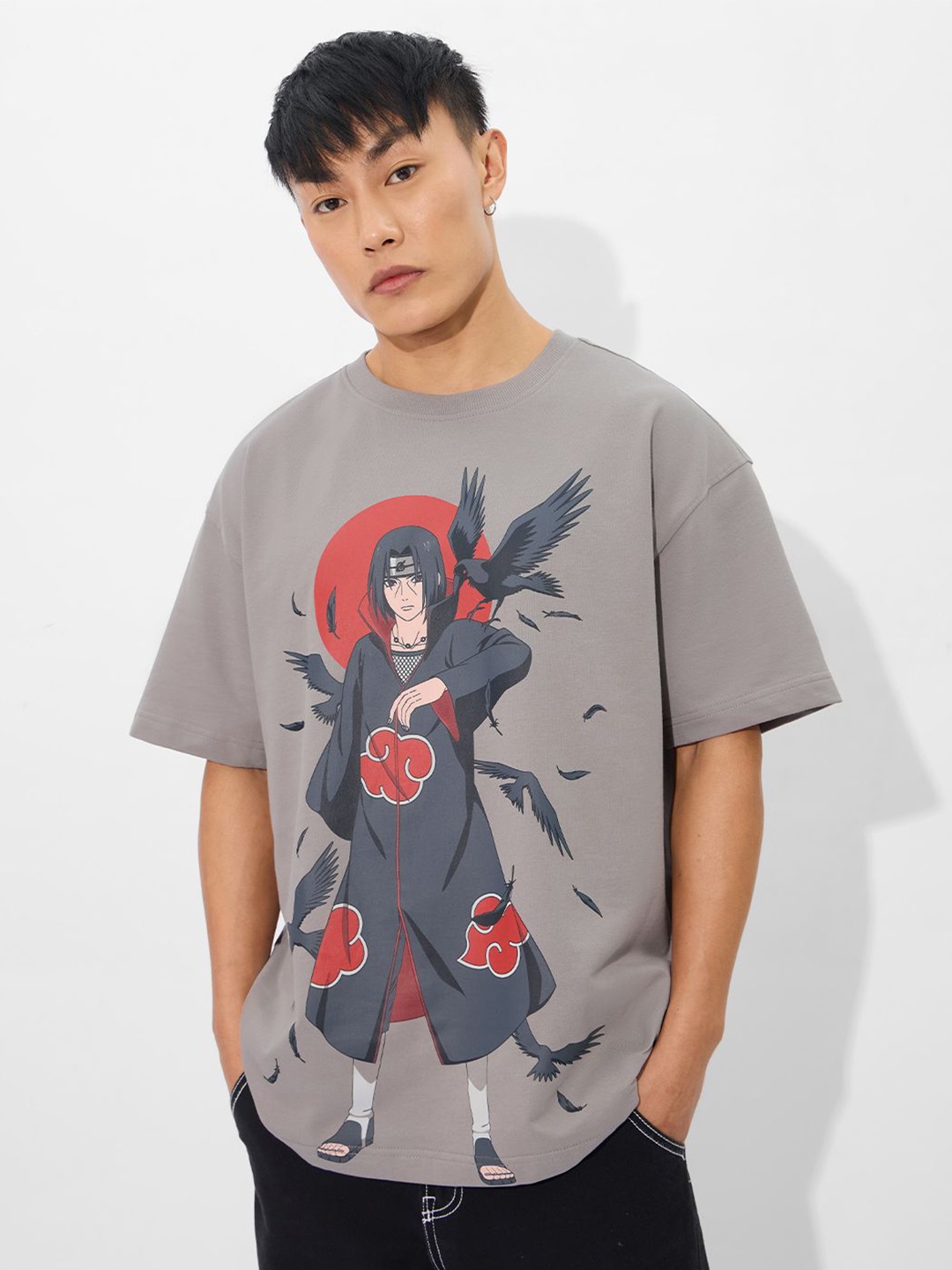 

The Souled Store Men Anime Printed Round Neck Cotton Oversized Naruto T-shirt, Grey