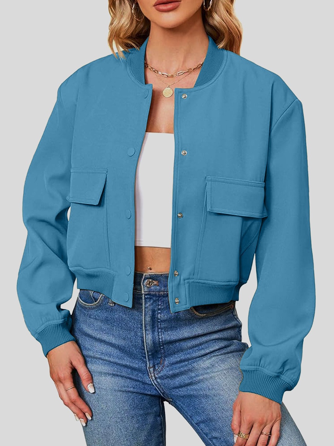 

LULU & SKY Women Stand Collar Solid Casual Bomber Jacket, Blue