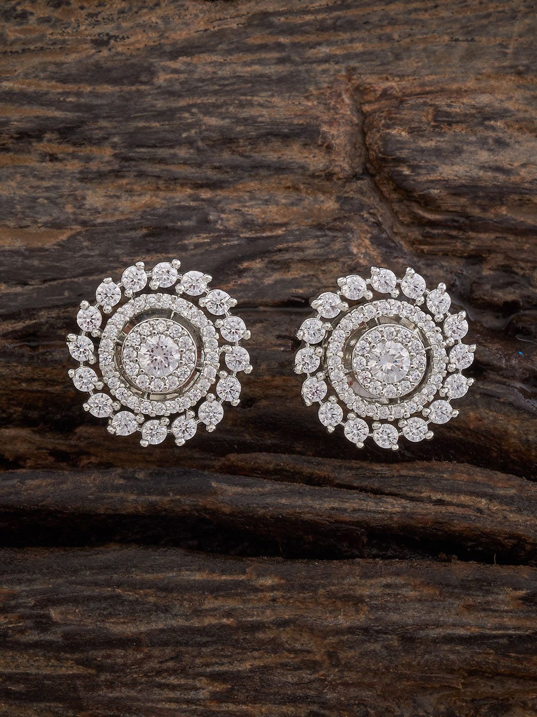 

Kushal's Fashion Jewellery Rhodium-Plated Zircon Studded Geometric Studs, White