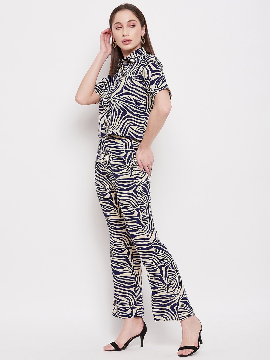 

DressBerry Navy Blue Animal Printed Crop Shirt With Trouser