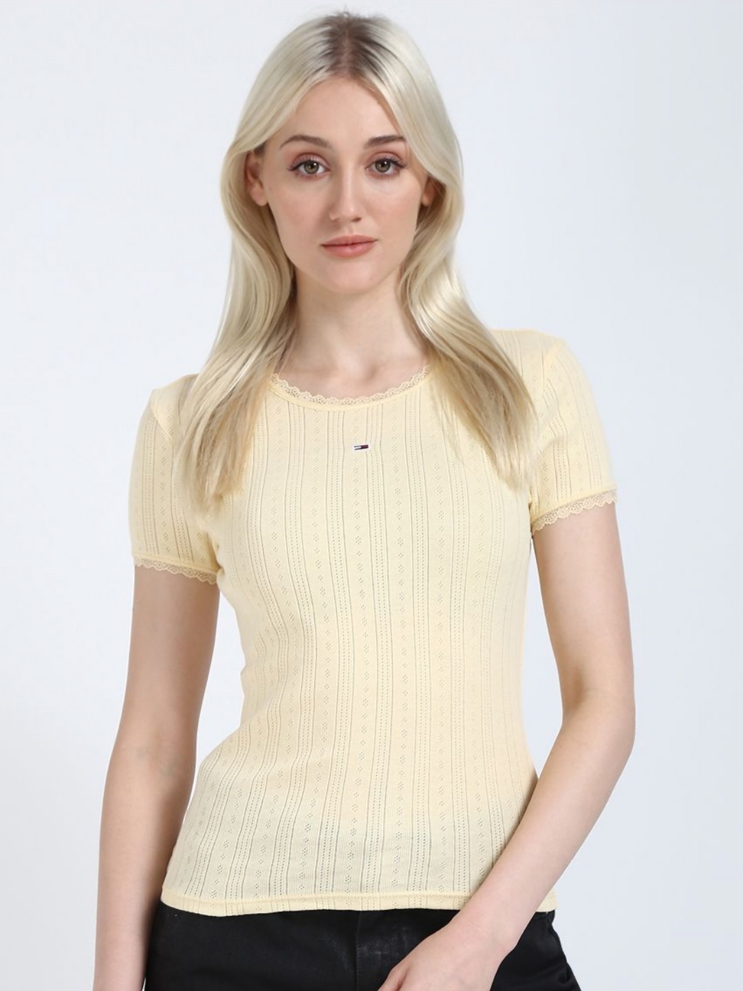 

Tommy Hilfiger Women Self Design Round Neck Cotton Slim Fit T-shirt, Beige
