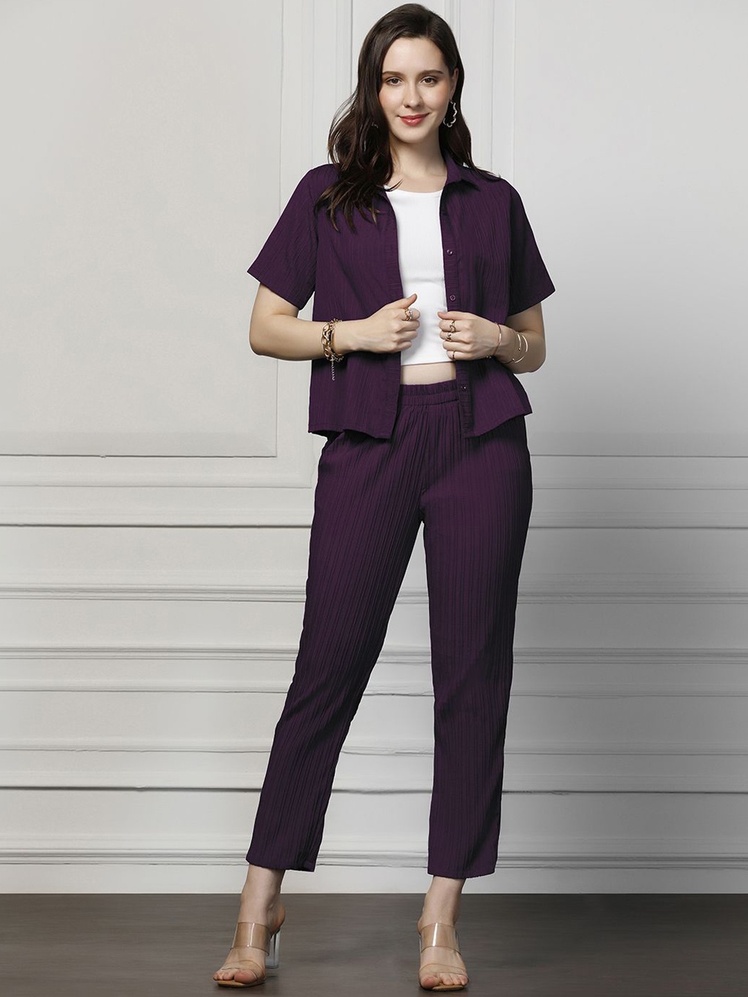 

Moda Rapido Striped Shirt With Trousers & Inner, Purple