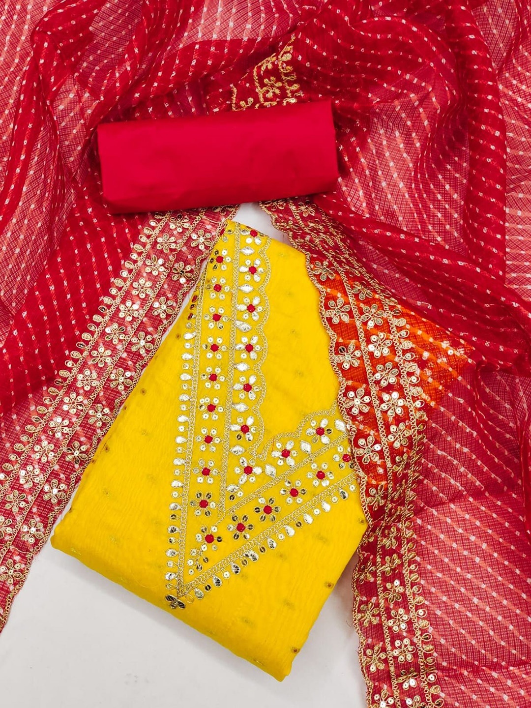 

APNISHA Floral Embroidered Zari Unstitched Dress Material, Yellow