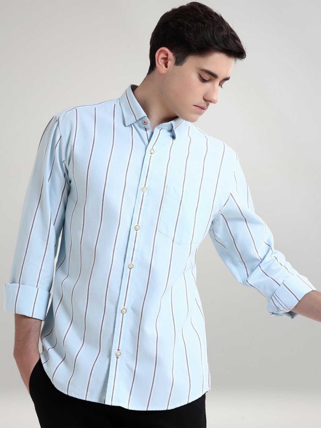 

TURMS Anti Stain Anti Odor Water Repellent Cotton Striped Shirt, Blue