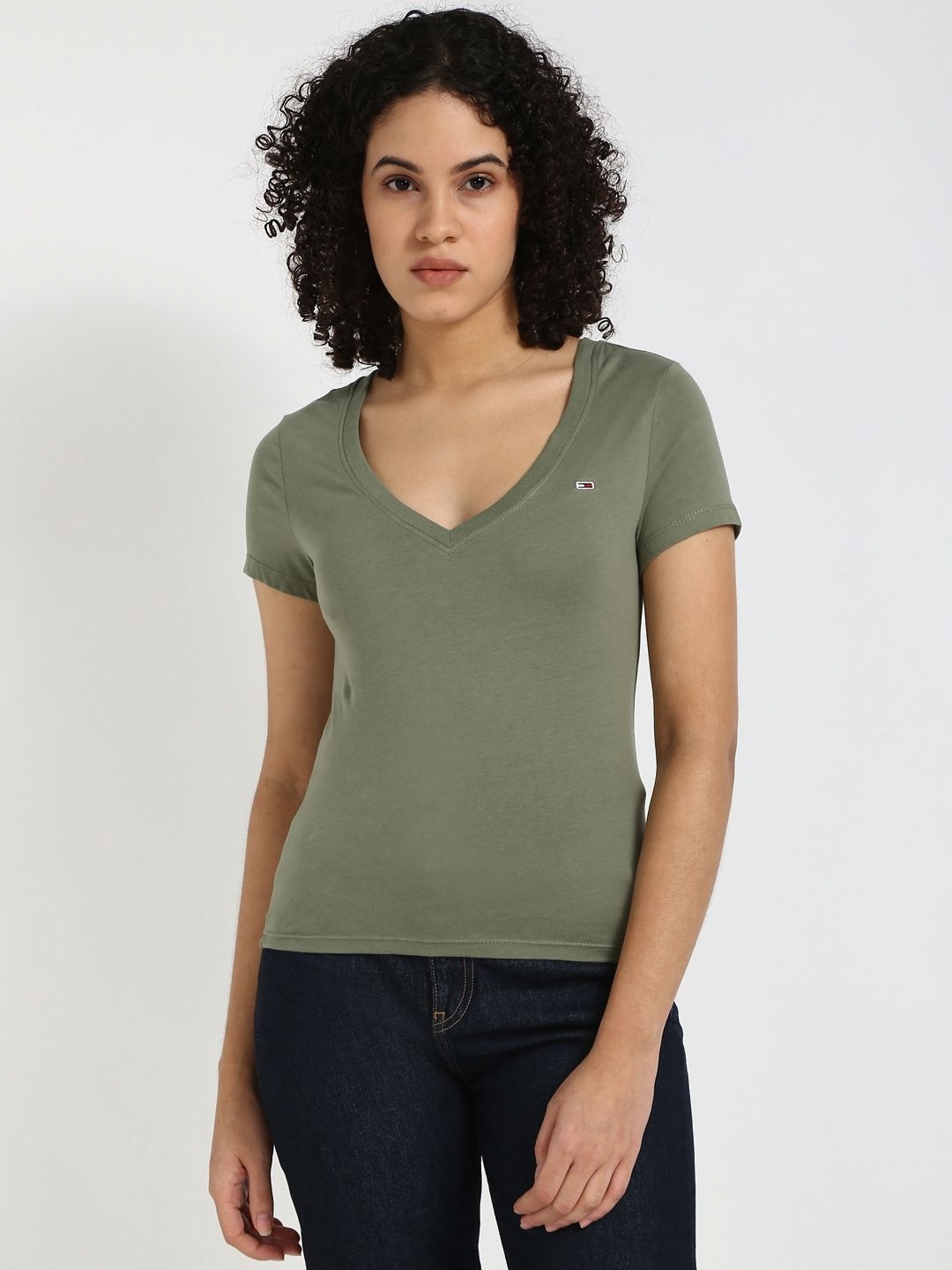 

Tommy Hilfiger Women Solid V-Neck Cotton Slim Fit T-shirt, Green