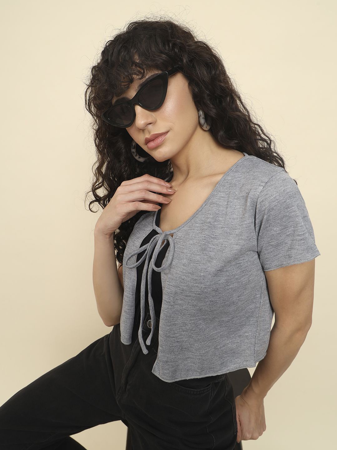 

BAESD Crop Tie-Up Front Knot Cotton Shrug, Grey