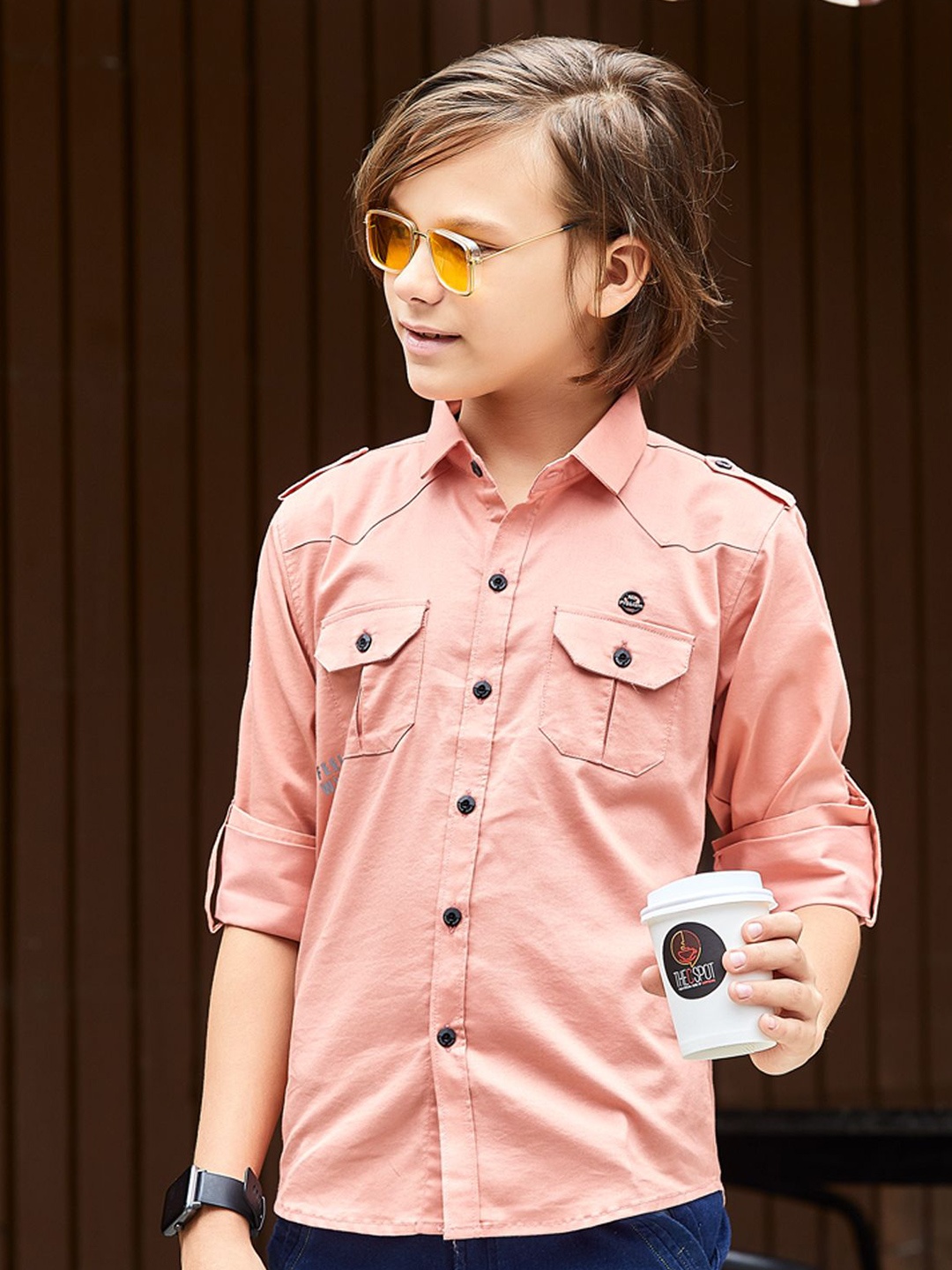 

MashUp Boys Classic Spread Collar Solid Cotton Casual Shirt, Peach