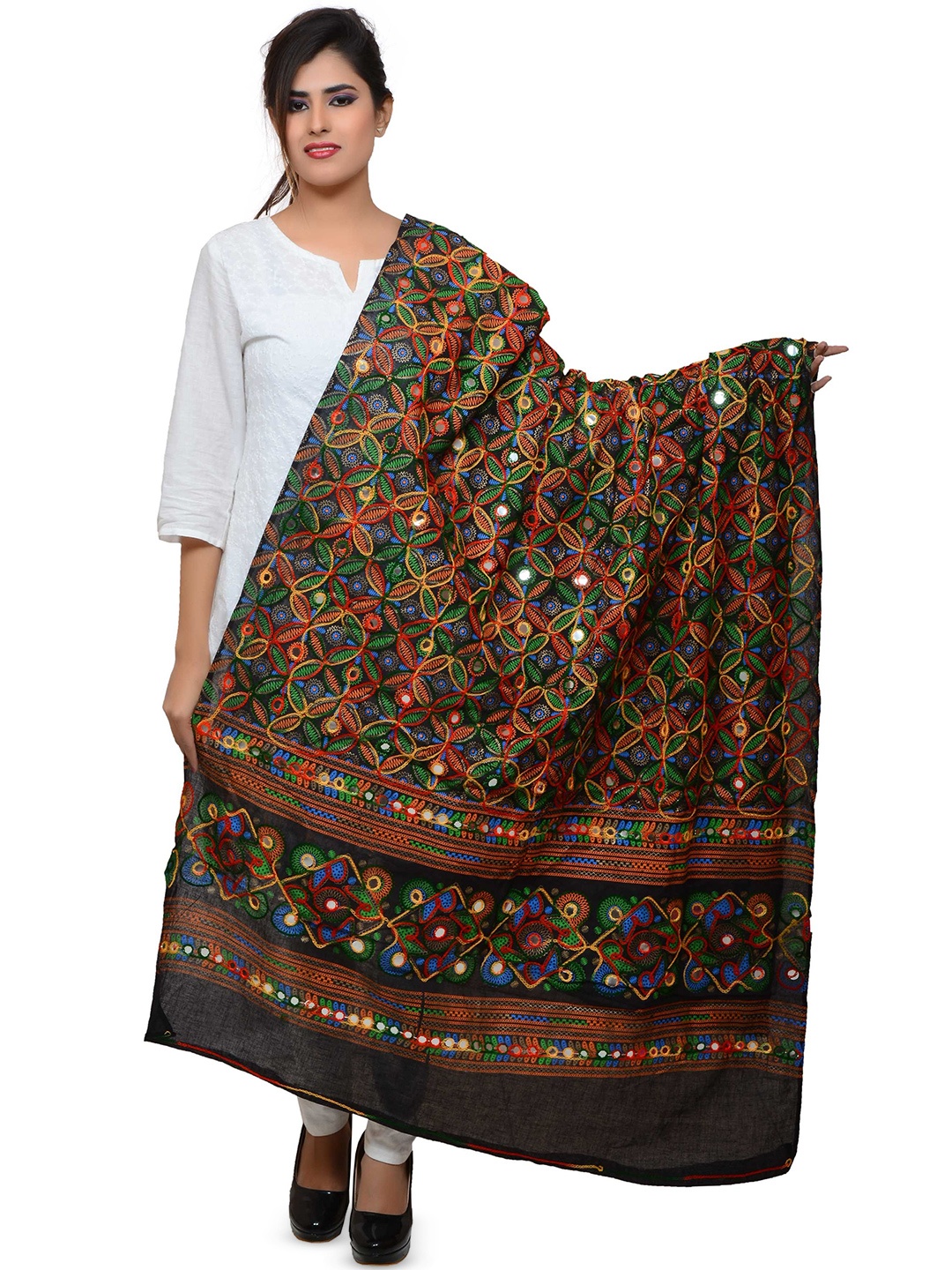 

BANJARA INDIA Embroidered Dupatta with Thread Work, Black