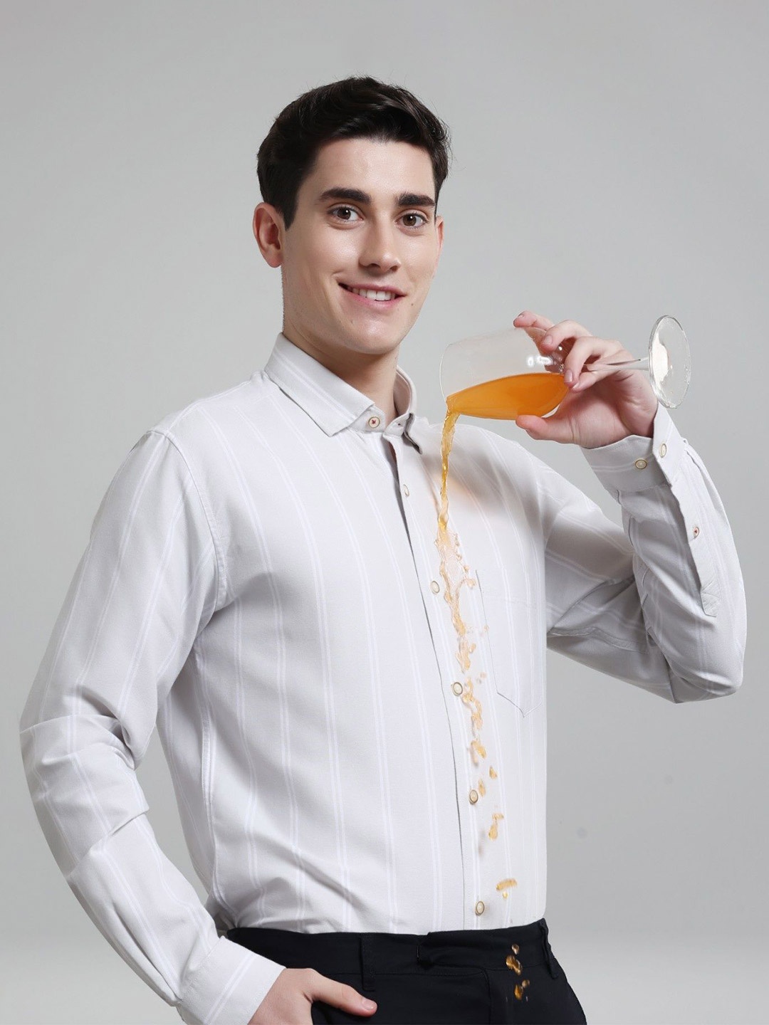 

TURMS Anti Stain Anti Odor Water Repellent Cotton Striped Shirt, Grey