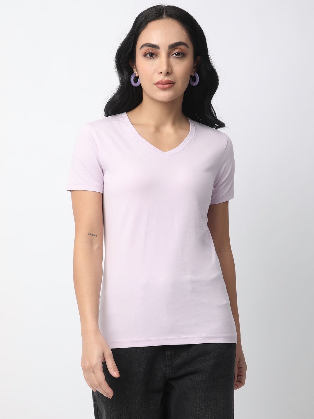 

R&B Women Solid V-Neck Cotton T-shirt, Lavender