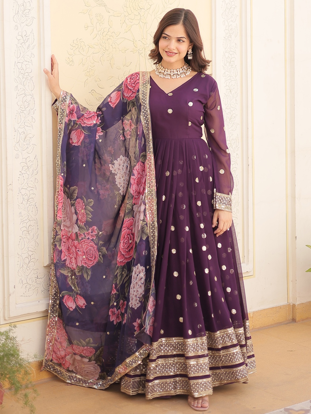 

Fashionuma V-Neck Floral Embroidered Georgette Fit and Flare Ethnic Dress, Purple