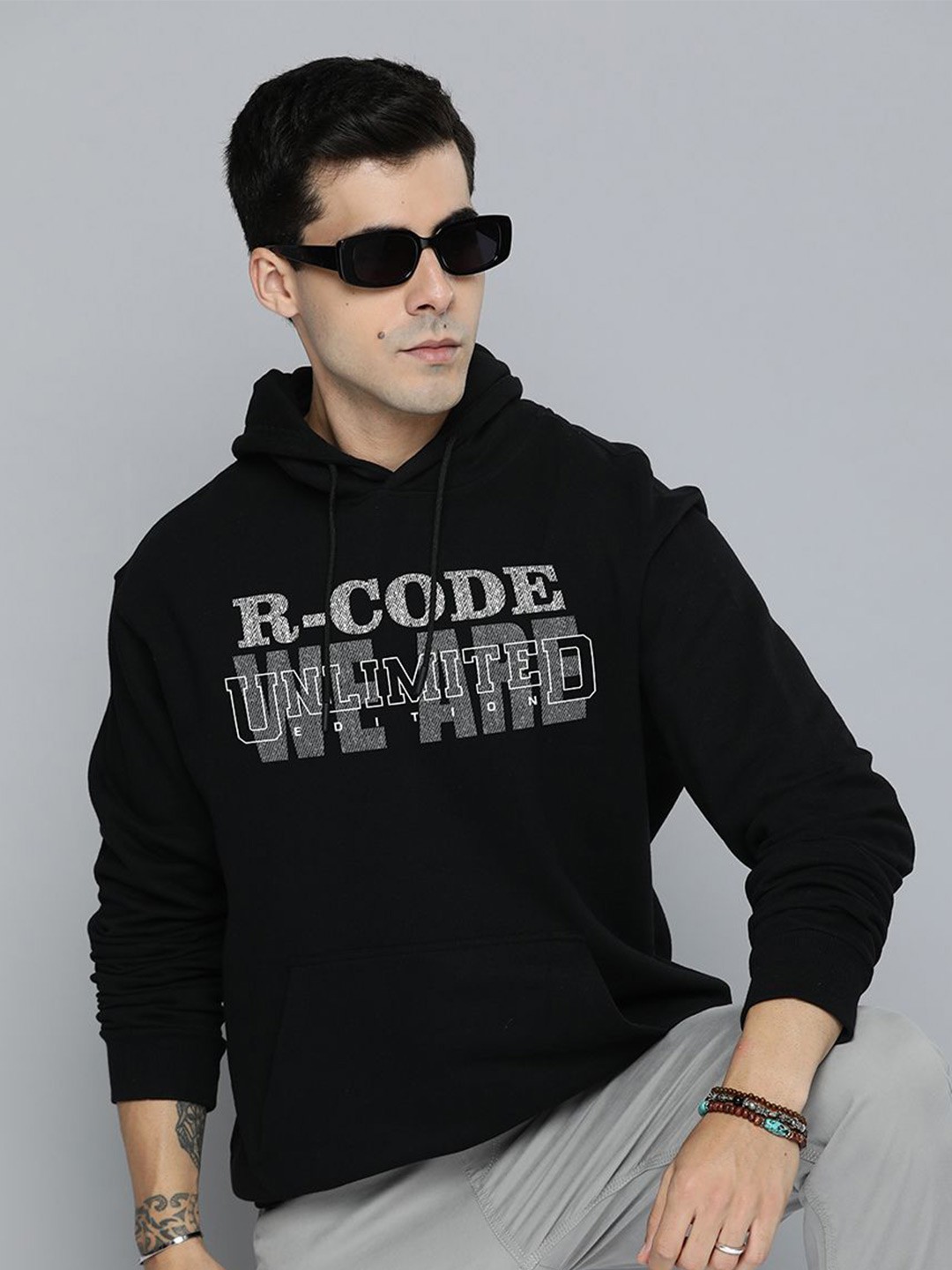 

R.Code by The Roadster Life Co. Men Cotton Printed Hooded Sweatshirt, Black
