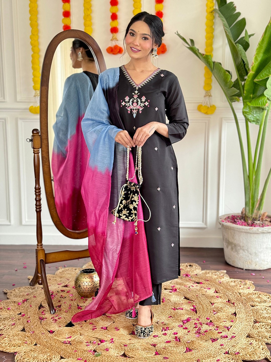 

KALINI V-Neck Floral Embroidered Thread Work Straight Kurta with Trouser & Dupatta, Black