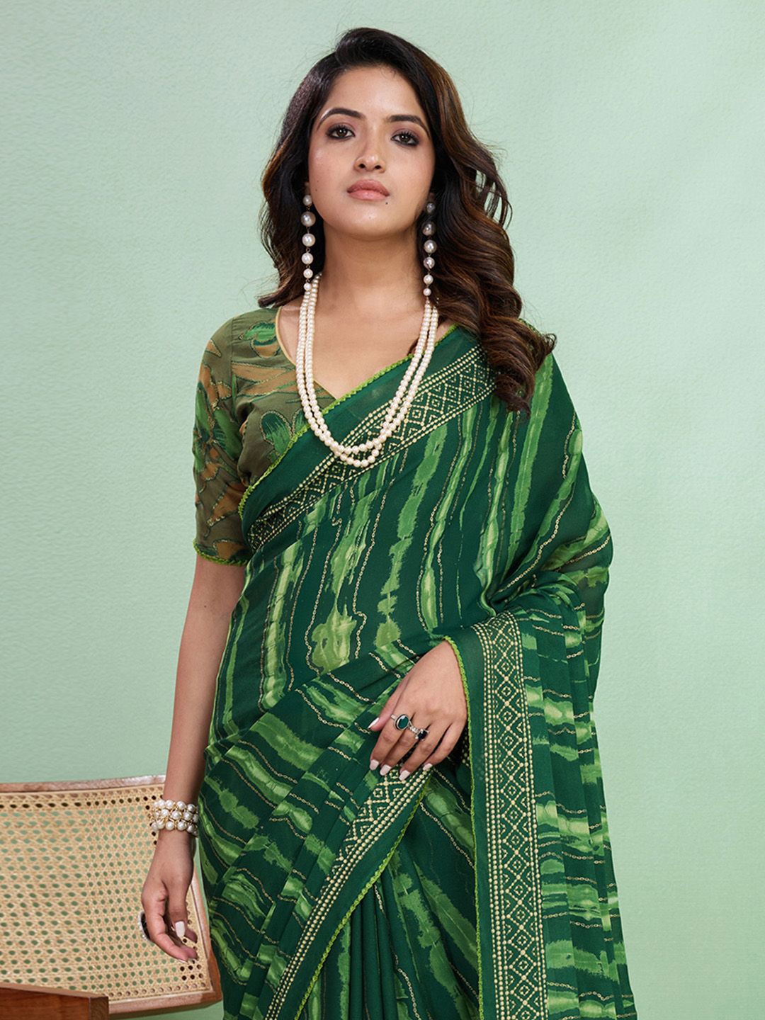 

Saree mall Tie and Dye Block Print Sarees, Green