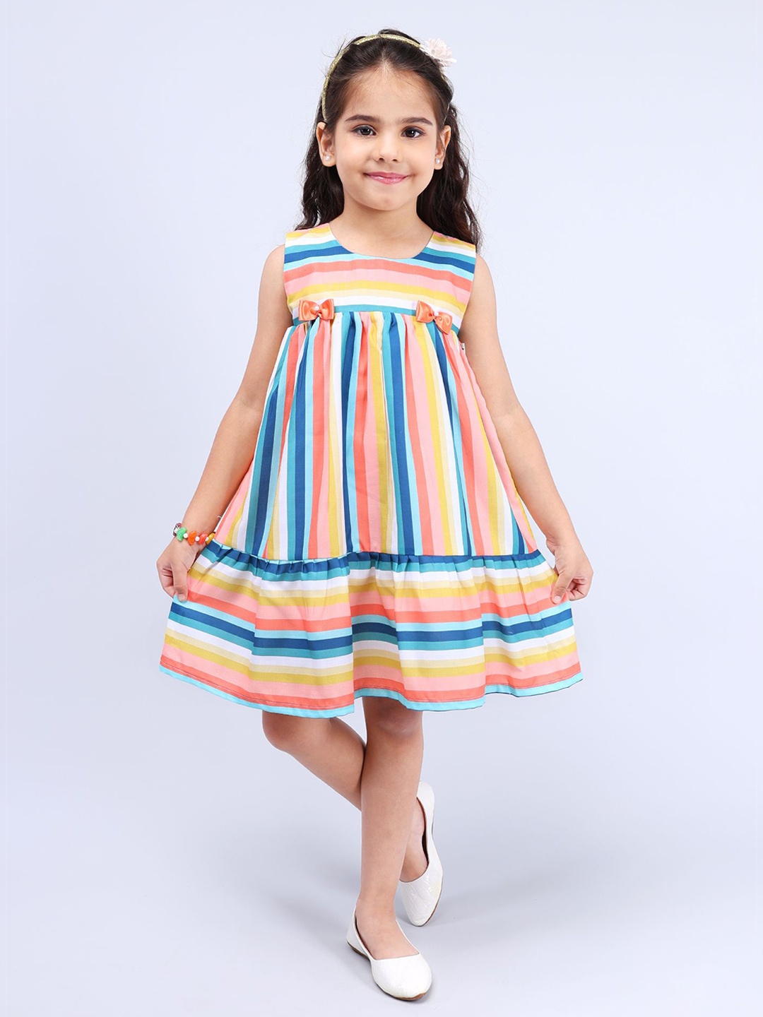 

PINK MERMAID Girls Cotton Striped Sleeveless Empire Dress, Blue