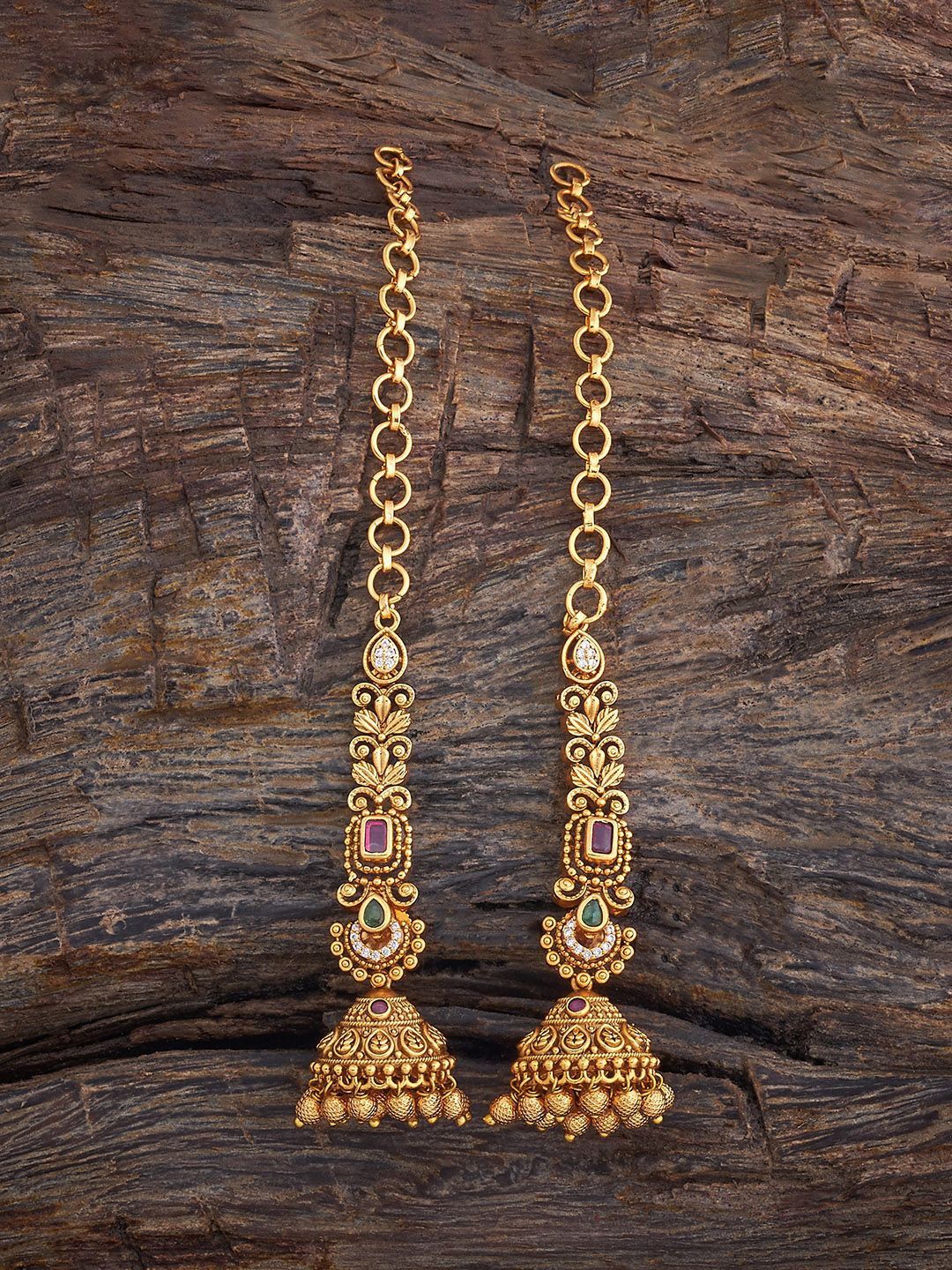 

Kushal's Fashion Jewellery Gold-Plated Stone Studded Dome Shaped Antique Jhumkas
