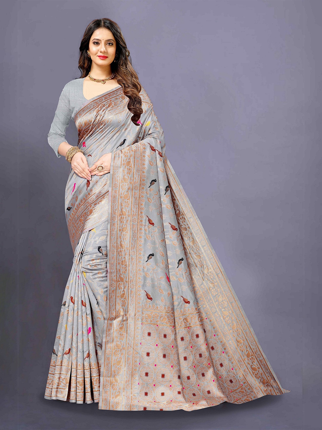 

VARNI FABRICS Woven Design Zari Pure Silk Banarasi Saree, Grey