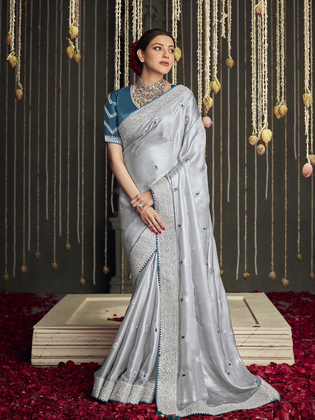 

MAHALASA Embellished Embroidered Saree, Grey