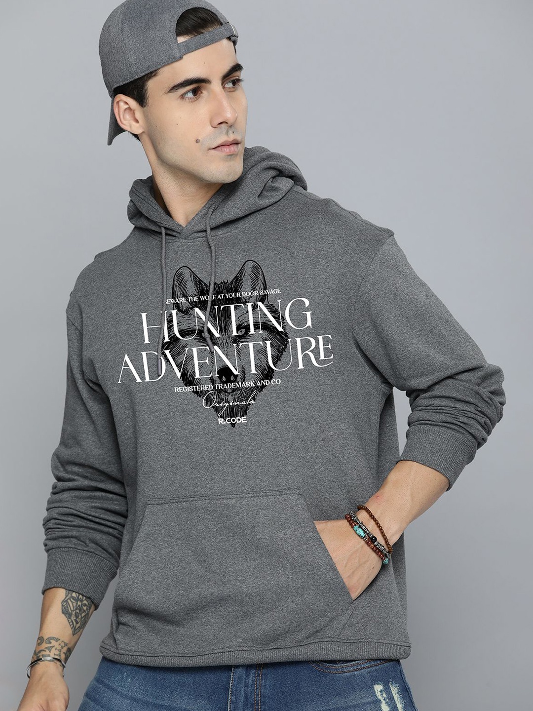 

R.Code by The Roadster Life Co. Men Cotton Oversize Printed Hooded Pullover Sweatshirt, Charcoal