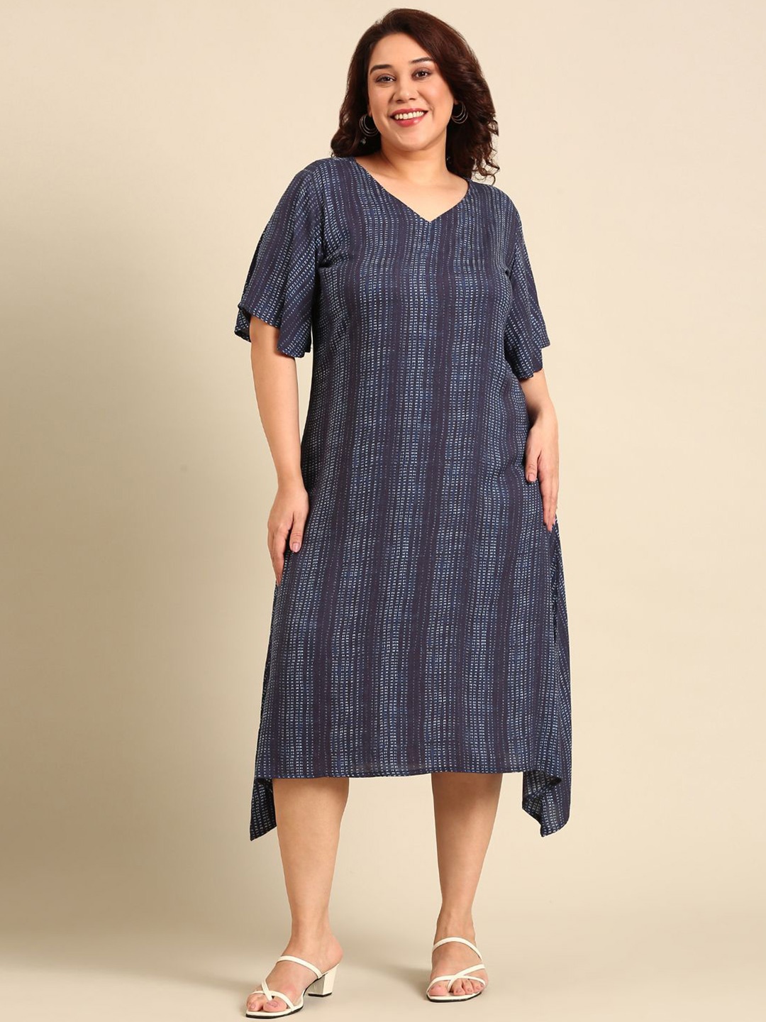 

The Pink Moon Women Printed Bell Sleeve A-Line Midi Dress, Navy blue