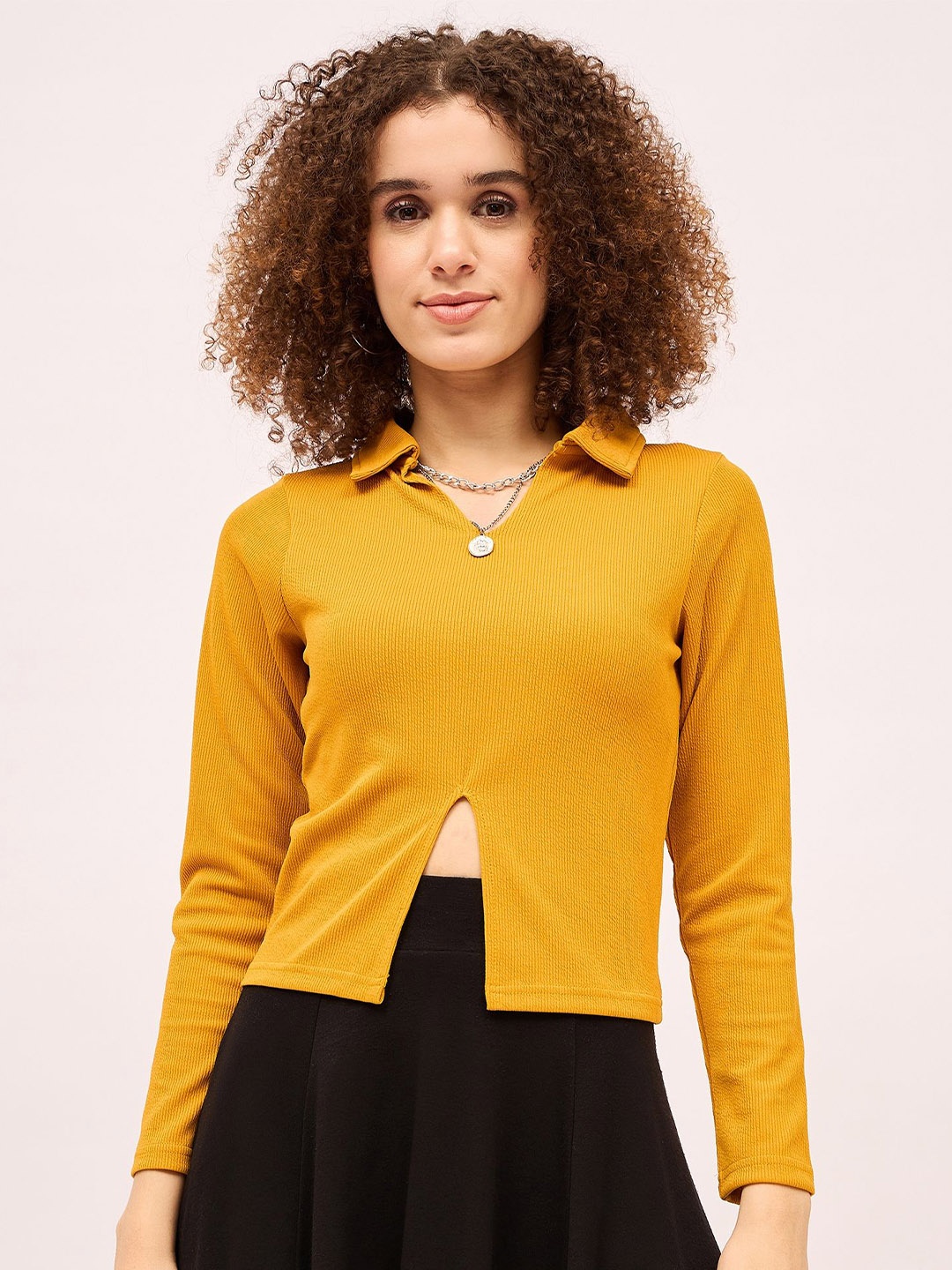 

Mayra Women Shirt Collar Fitted Top With Cut-Out Detailed, Mustard