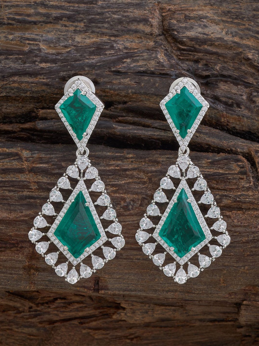 

Kushal's Fashion Jewellery Rhodium-Plated Geometric Zircon Drop Earrings, Green