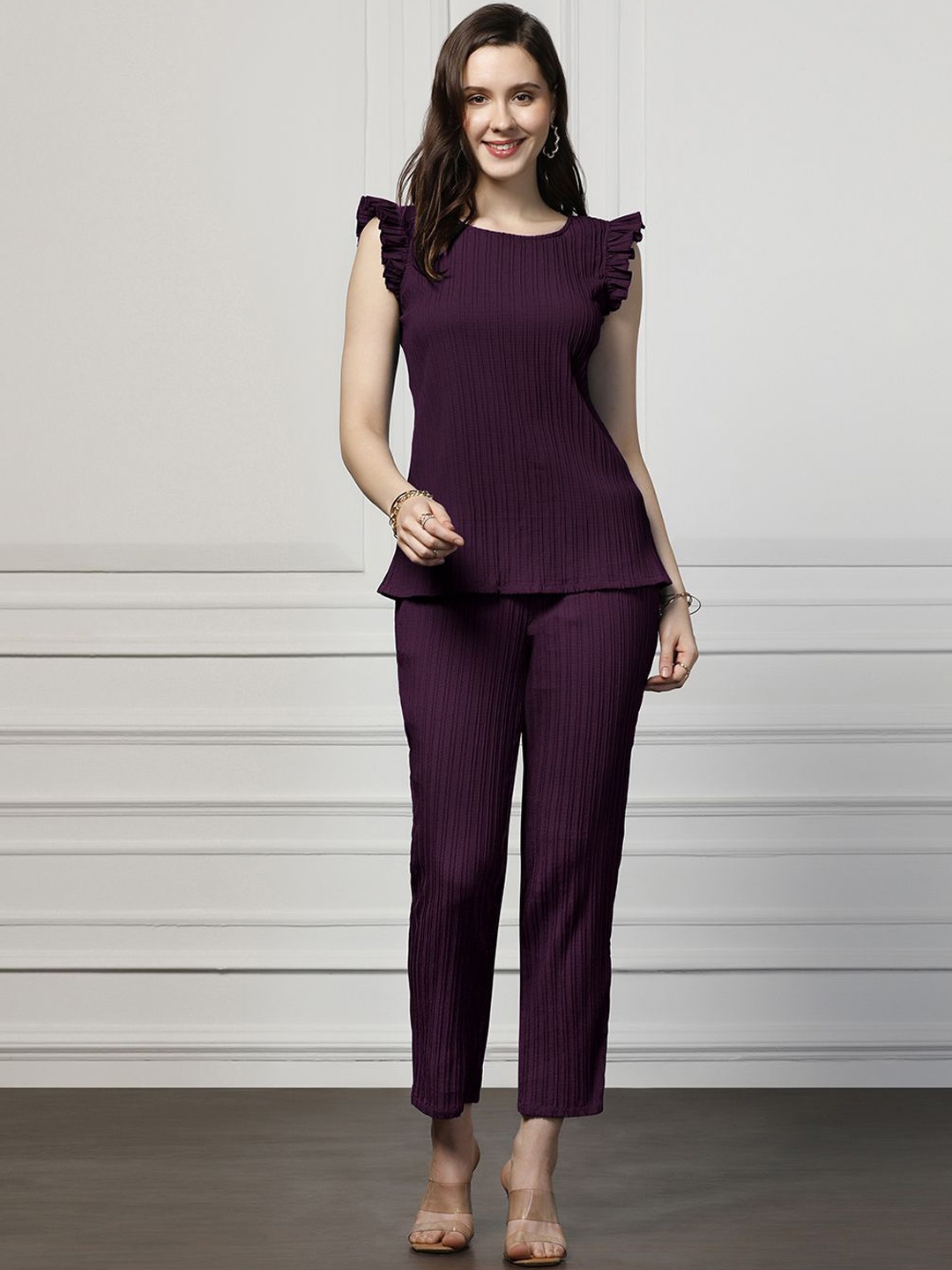 

Moda Rapido Purple Round Neck Ribbed Top With Trousers