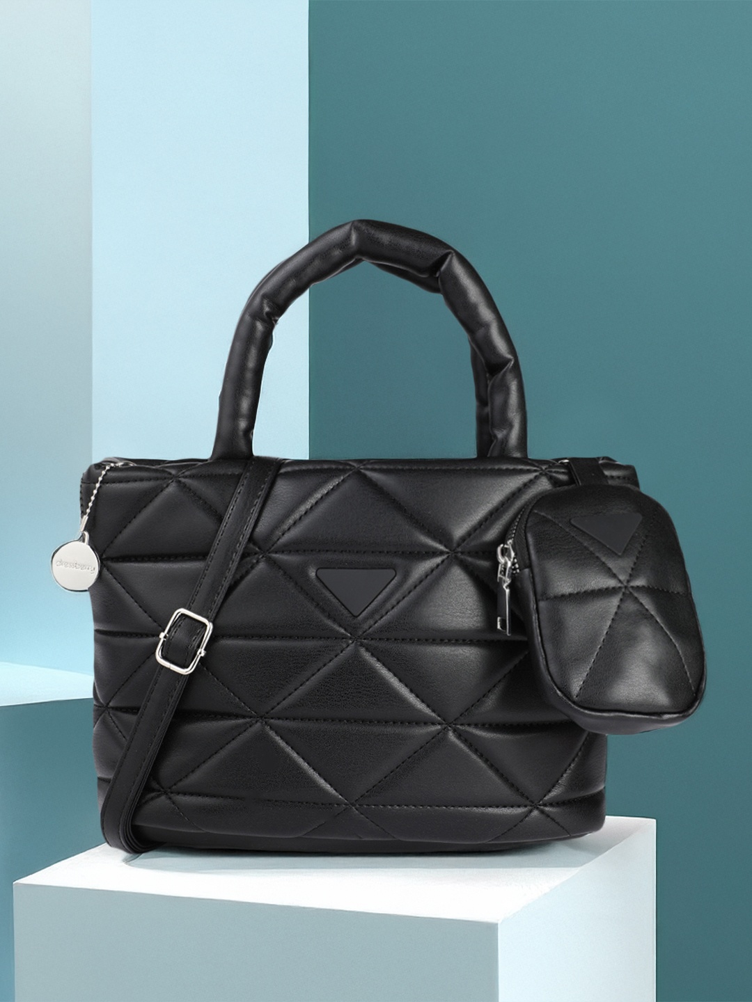 

DressBerry Geometric Structured Handheld Bag with Pouch, Black