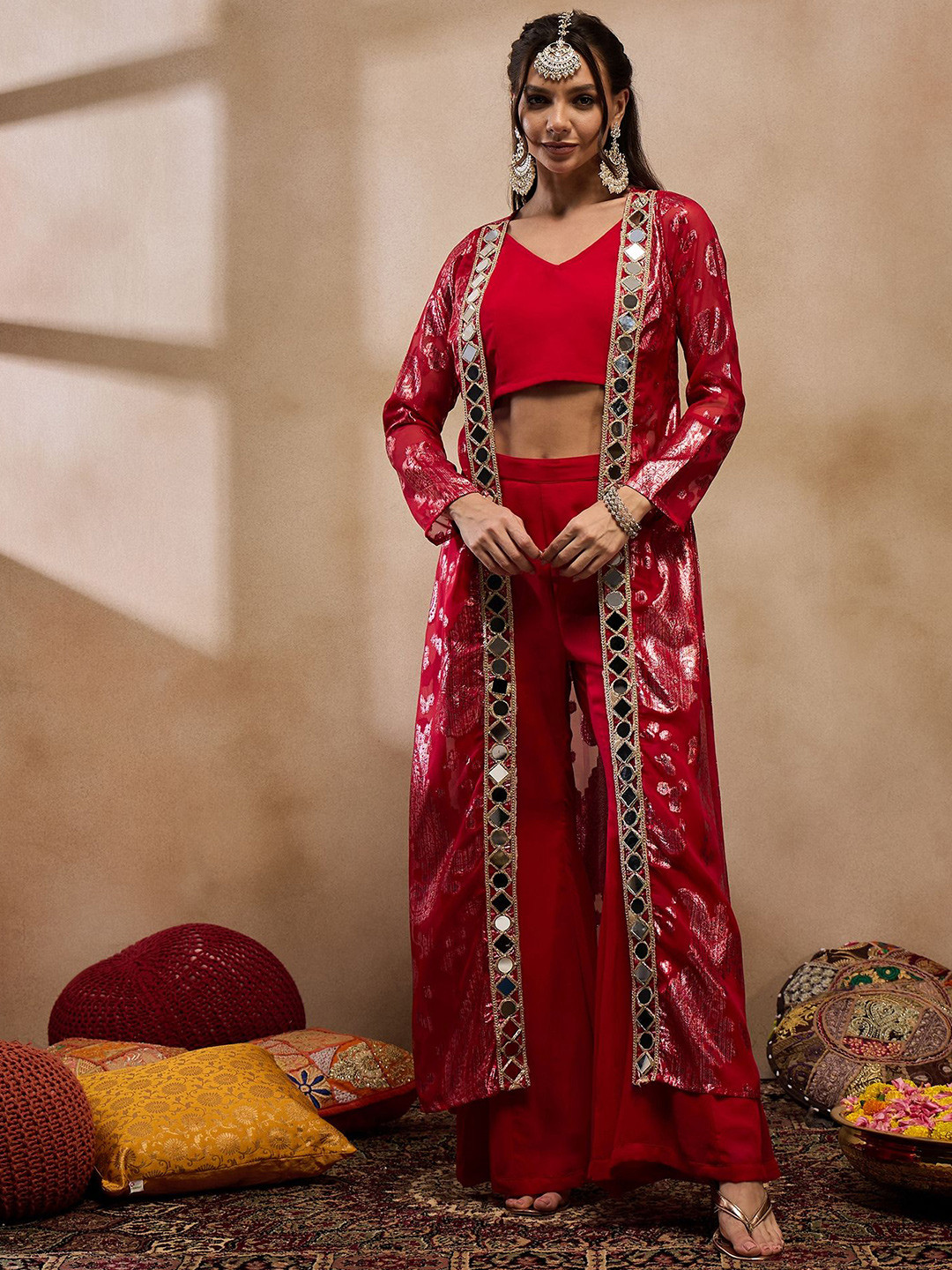 

MABISH by Sonal Jain V-Neck Sleeveless Top With Palazzo With Jacket, Red