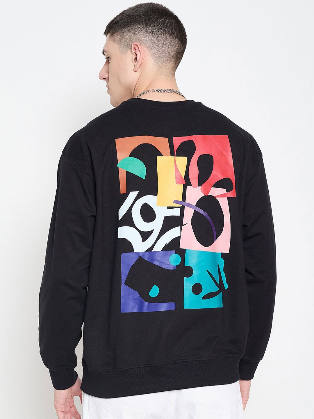 

Mast & Harbour Men Graphic Printed Oversized Pullover Sweatshirt, Black