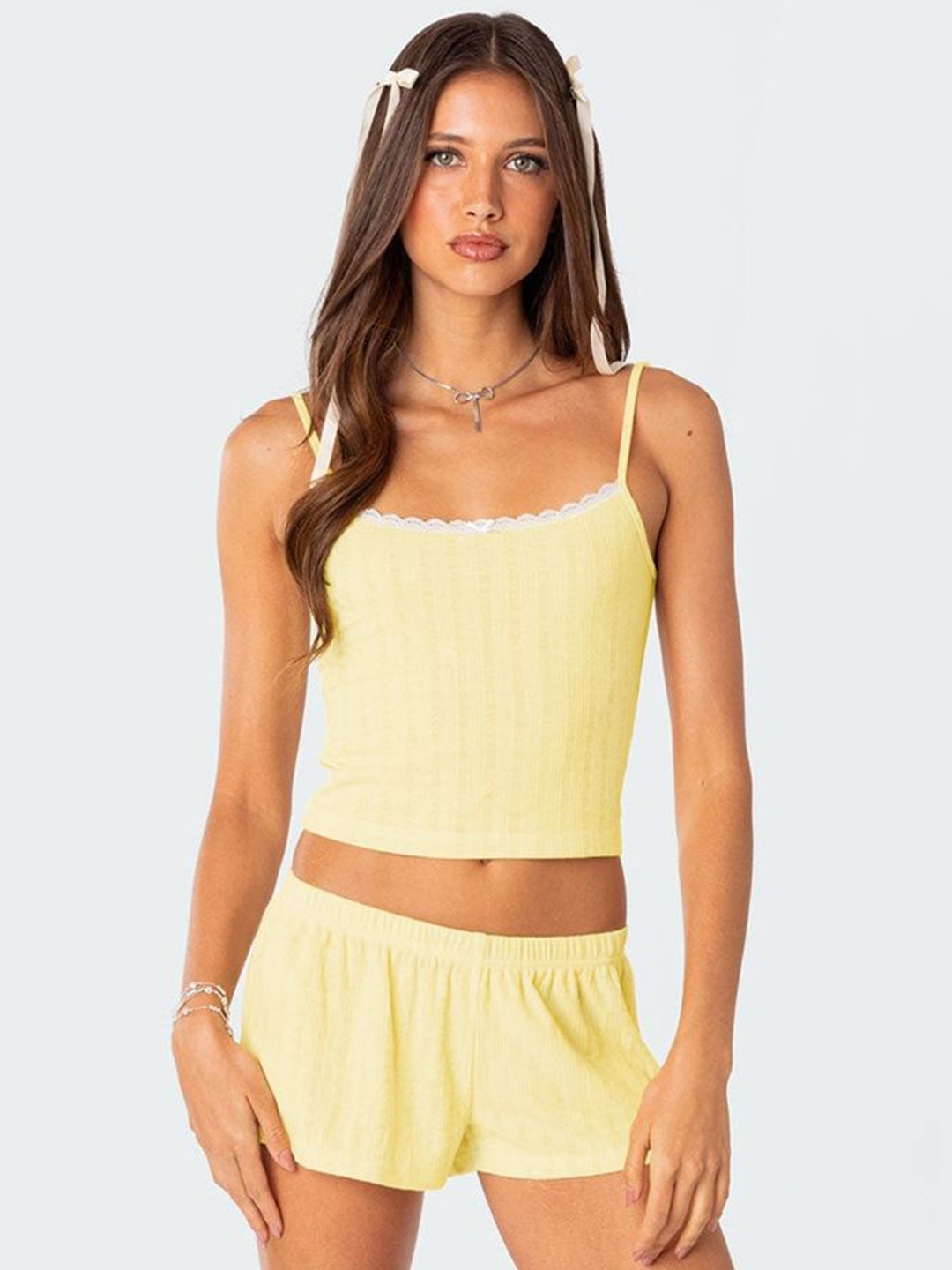 

LULU & SKY Women Sleeveless Shoulder straps Top With Shorts Co-Ords, Yellow