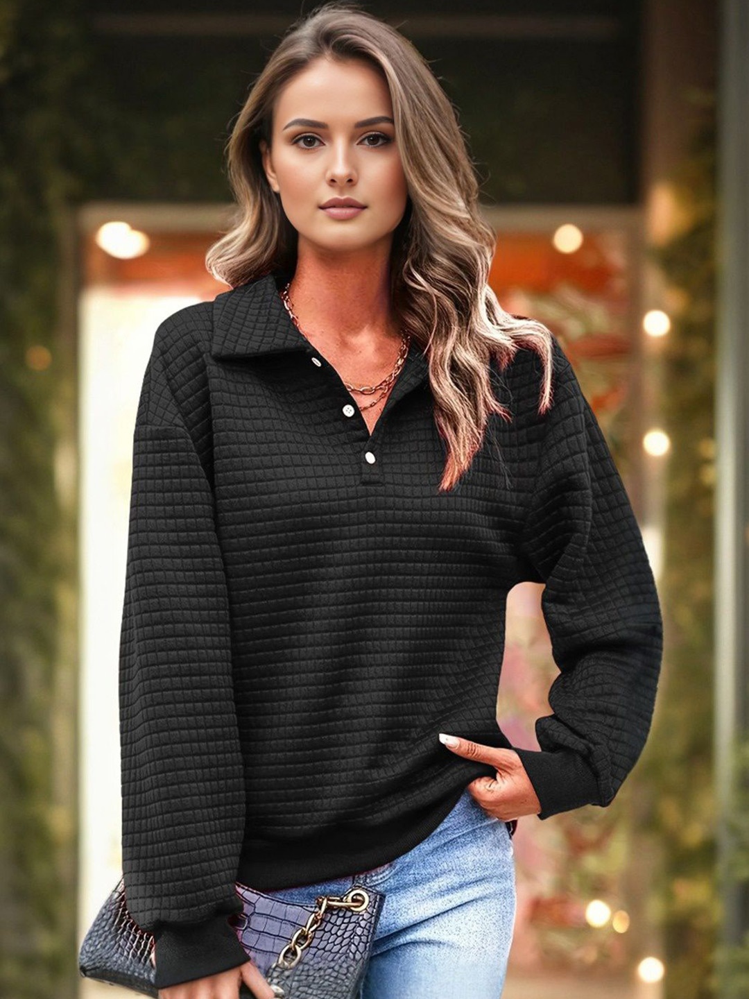 

StyleCast Women Ribbed Shirt Style Top, Black