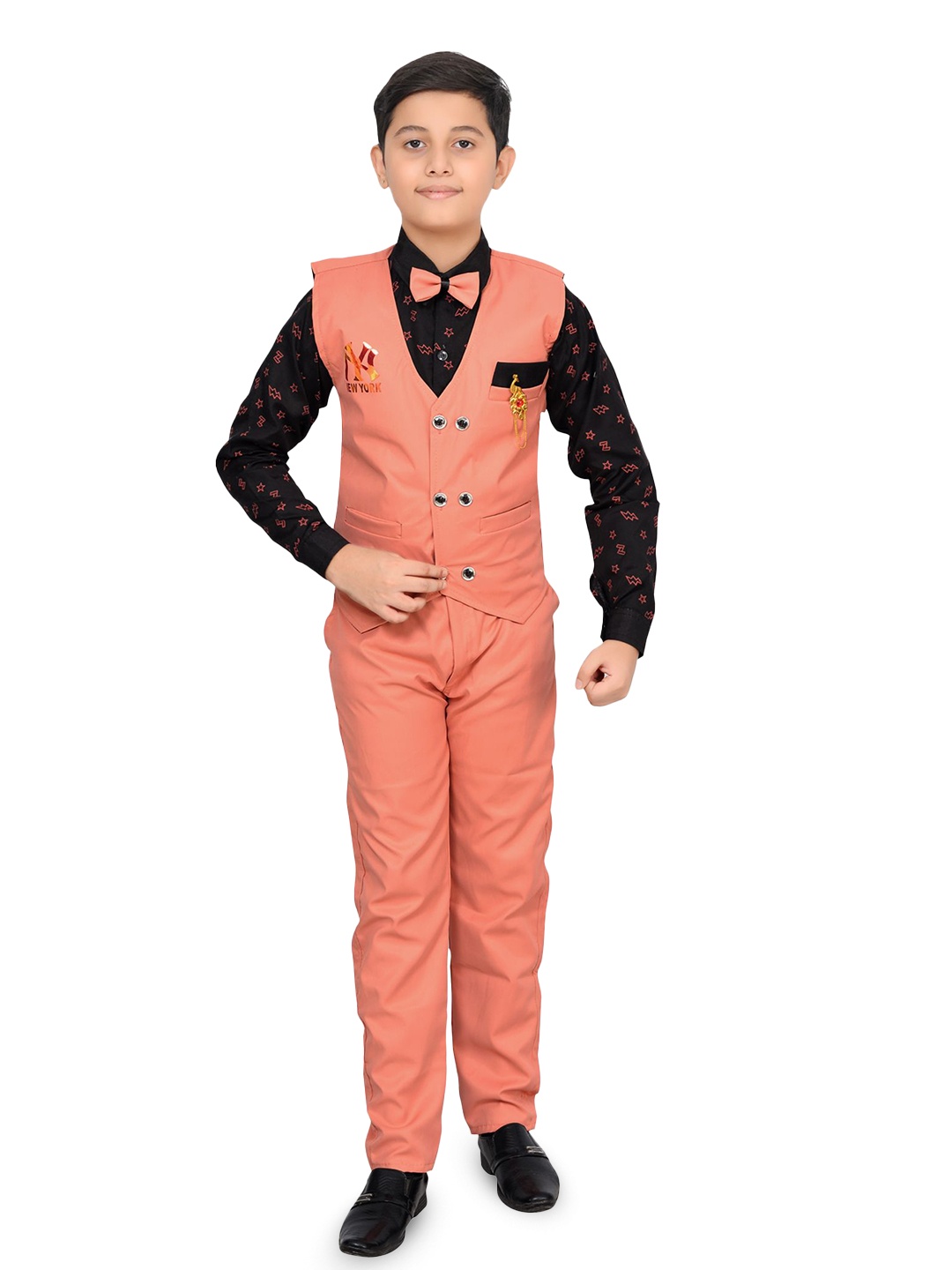 

AJ STYLES Boys Single-Breasted Collarless Waistcoat and Trousers with Shirt 3 Piece Suit, Peach