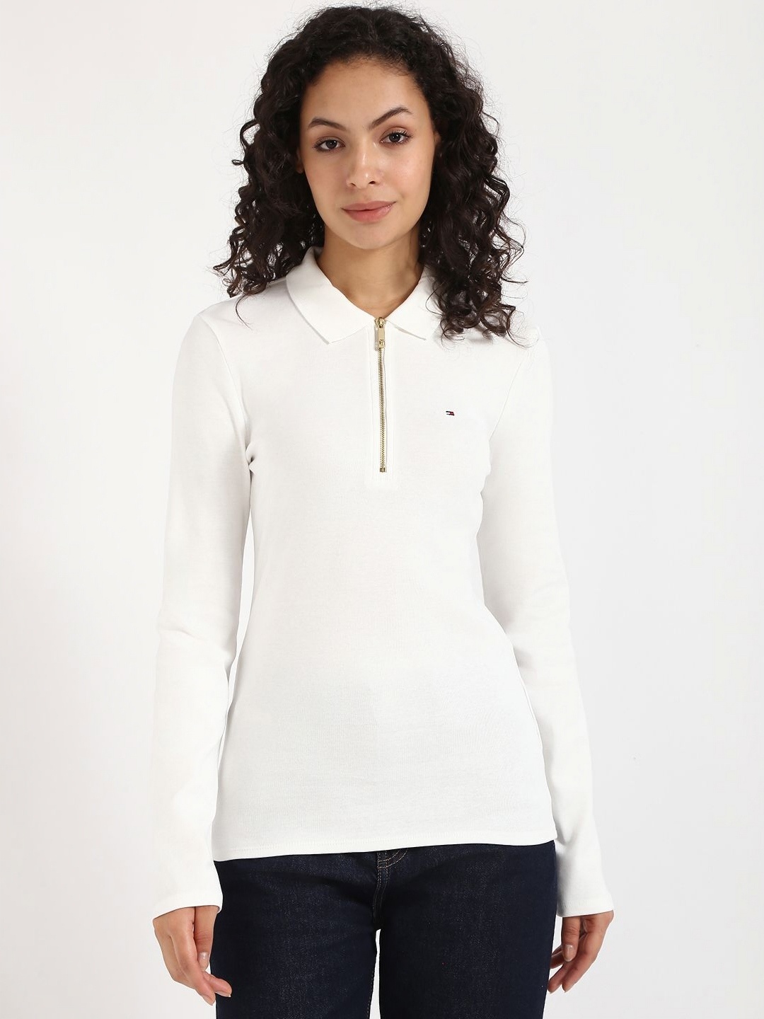 

Tommy Hilfiger Women Solid Polo Collar Cotton Slim Fit T-shirt, White