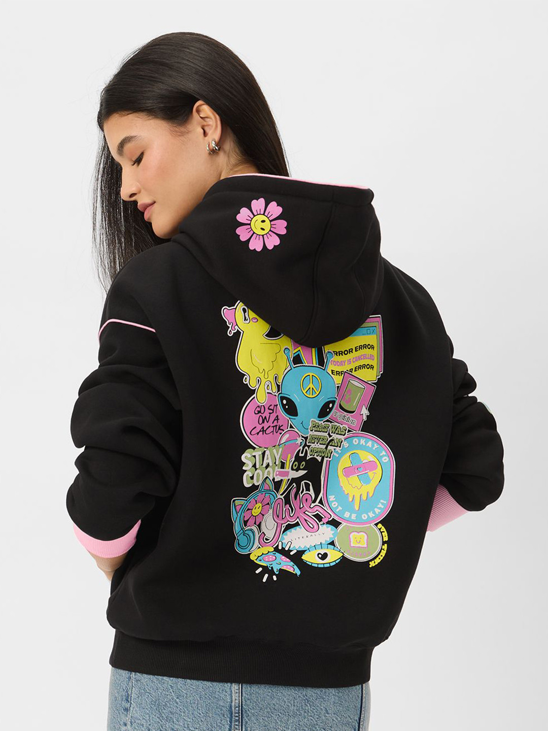 

The Souled Store Women Printed Hooded Sweatshirt, Black