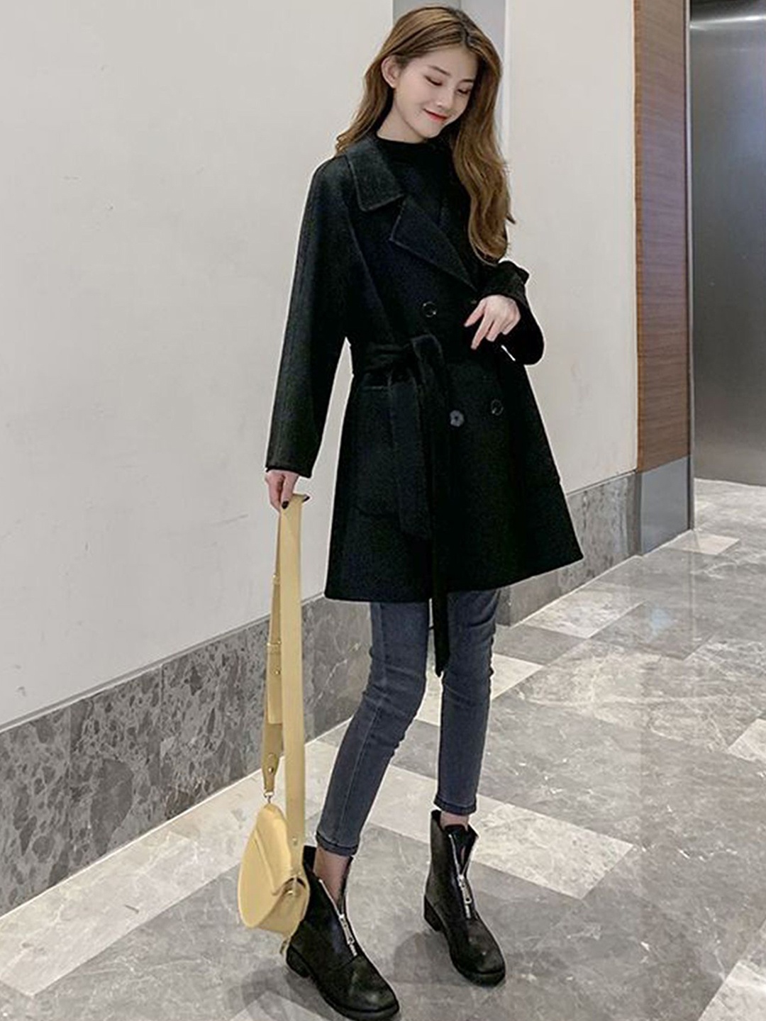 

LULU & SKY Women Notched Lapel Collar Longline Double-Breasted Overcoat, Black