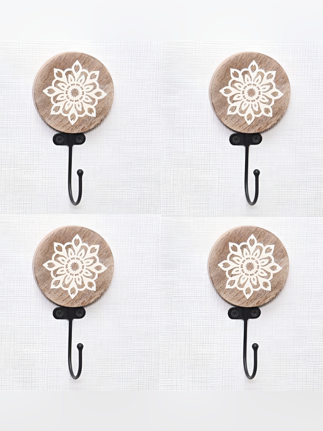 

IndianShelf Brown & White 4 Piece Floral Wood Wall Hooks