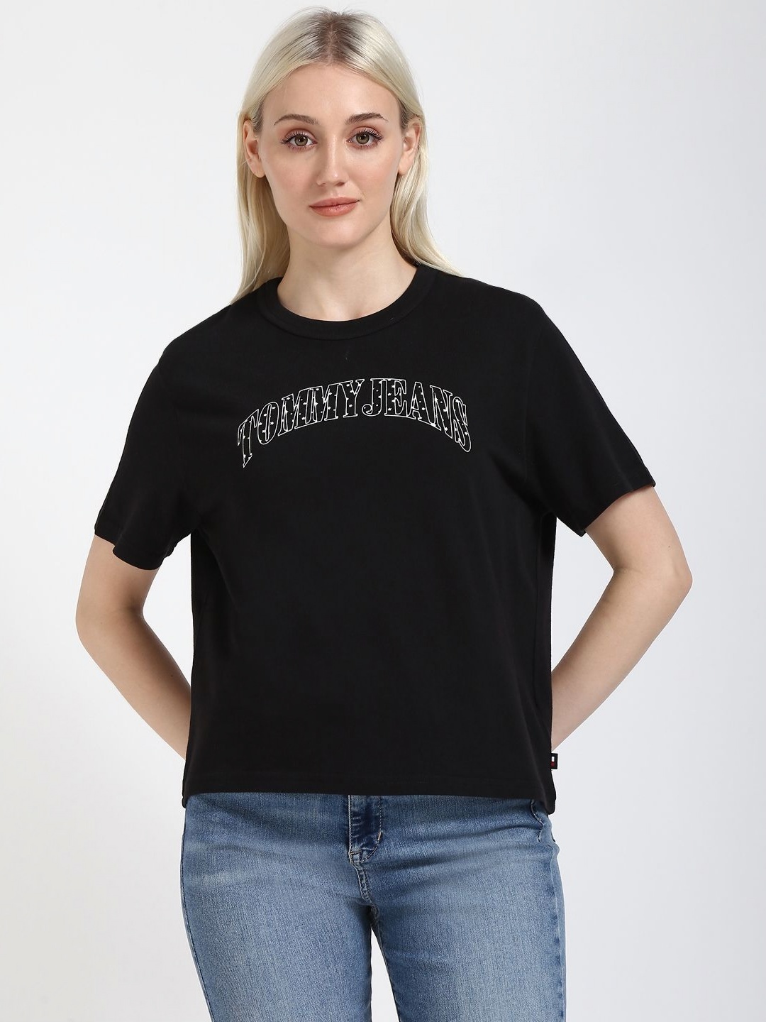 

Tommy Hilfiger Women Typography Printed Round Neck Cotton T-shirt, Black