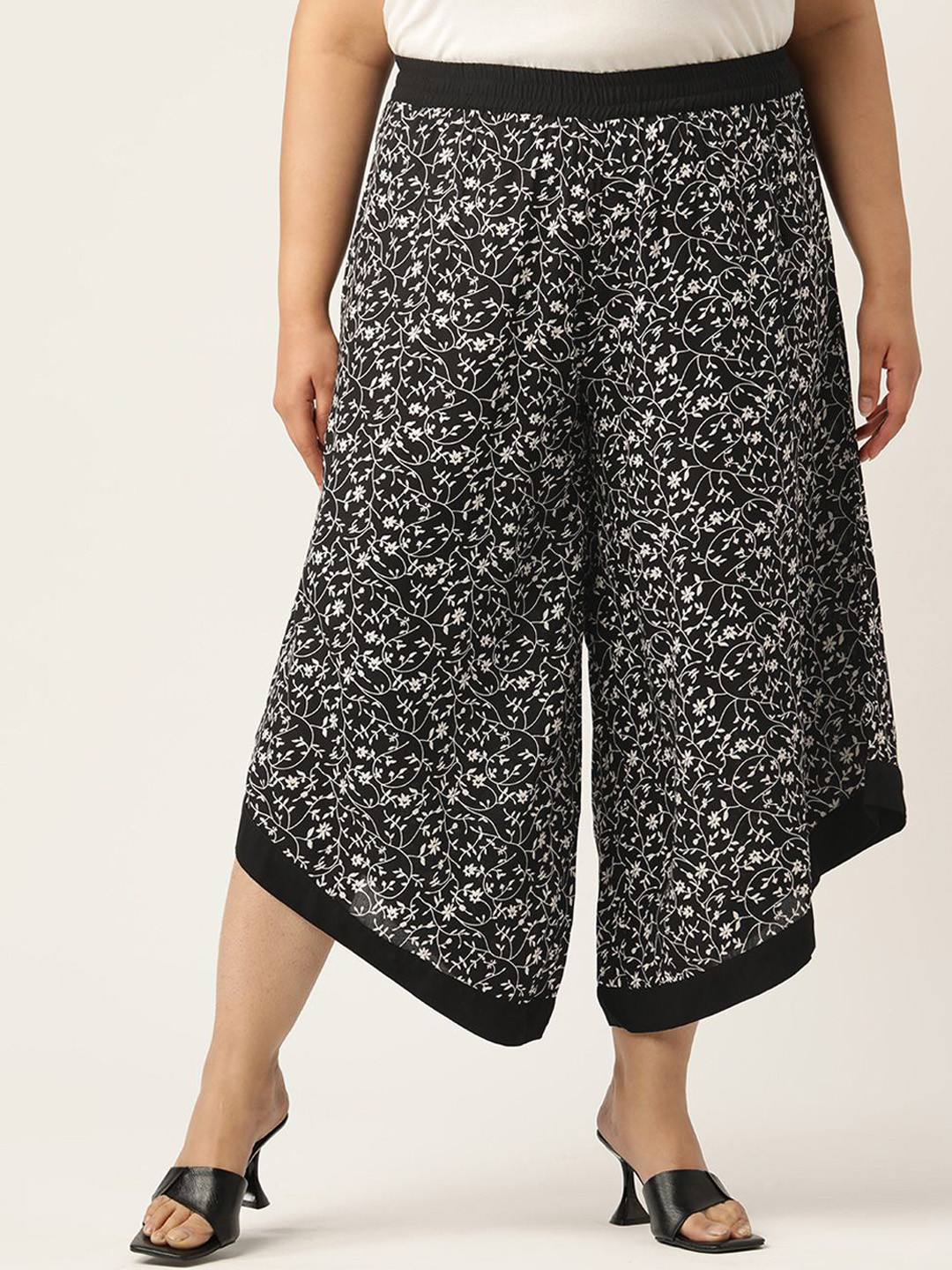 

theRebelinme Women Plus Size Printed Relaxed High-Rise Easy Wash Trousers, Black