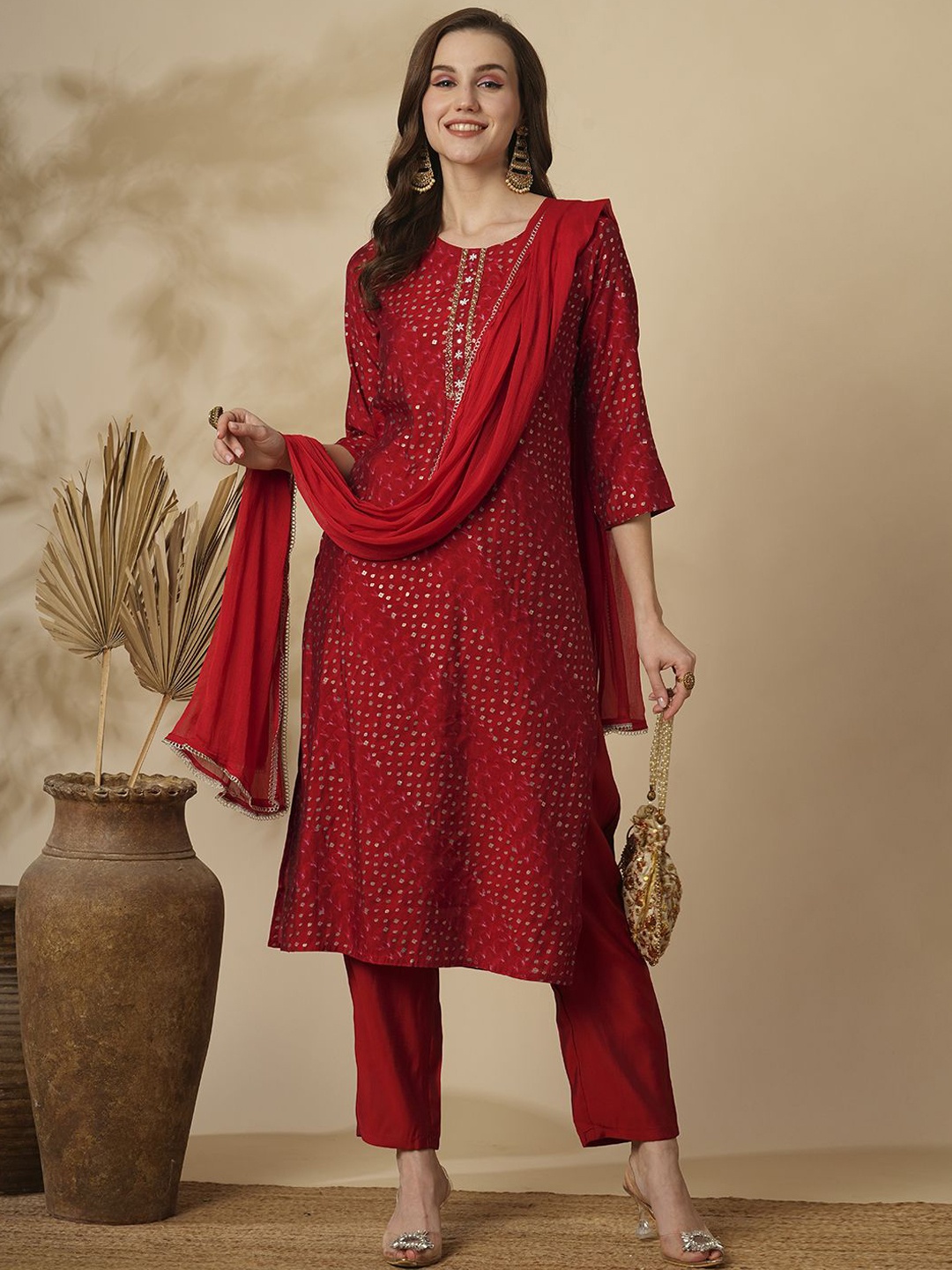 

FASHOR Bandhani Printed Beads and Stones Straight Kurta With Trouser & Dupatta, Red