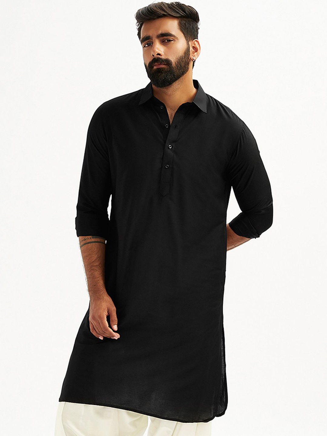 

VASTRAMAY Shirt Collar Long Roll-Up Sleeves Regular Pathani Kurta, Black