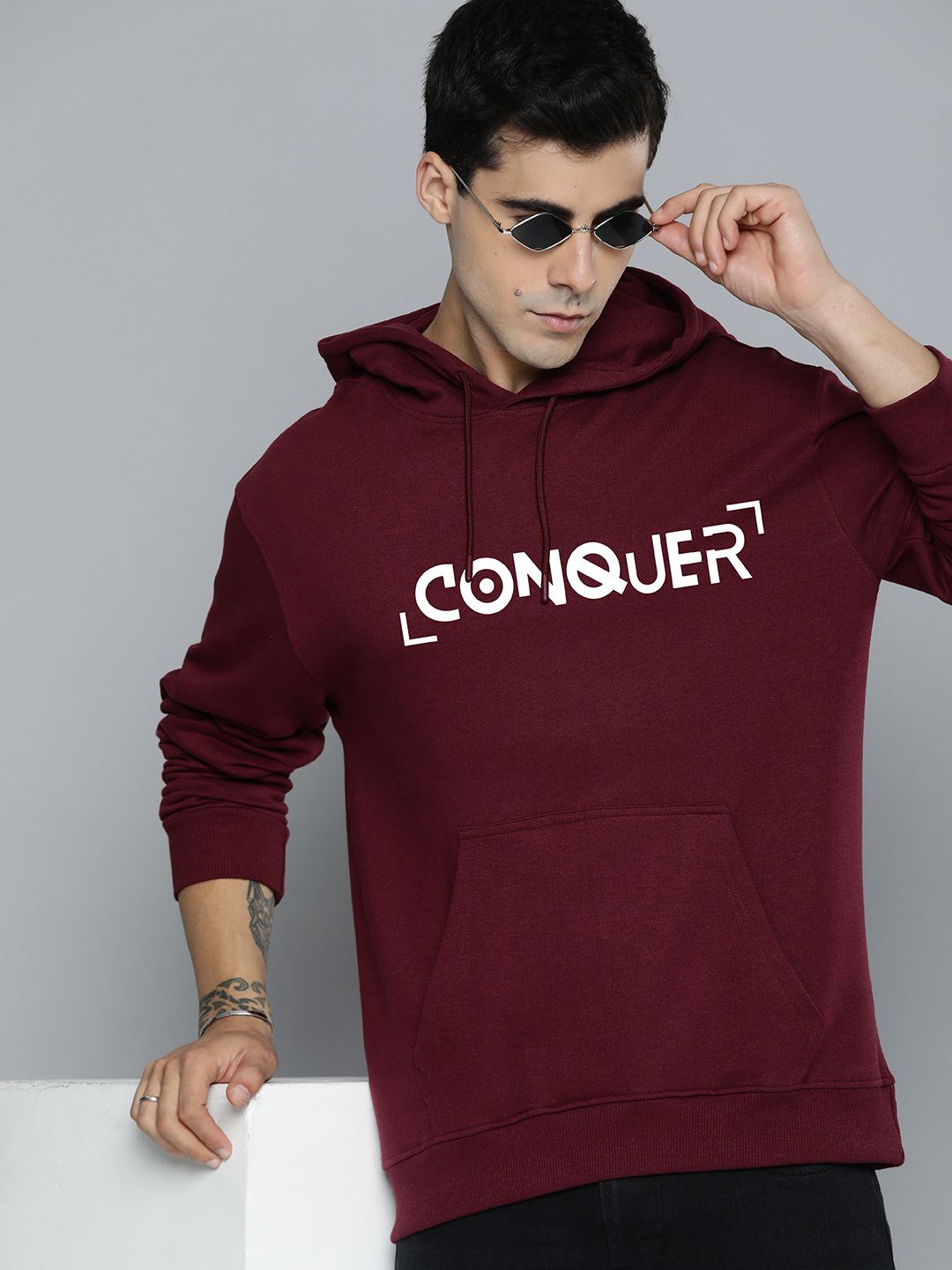 

R.Code by The Roadster Life Co. Men Cotton Hooded Sweatshirt, Burgundy