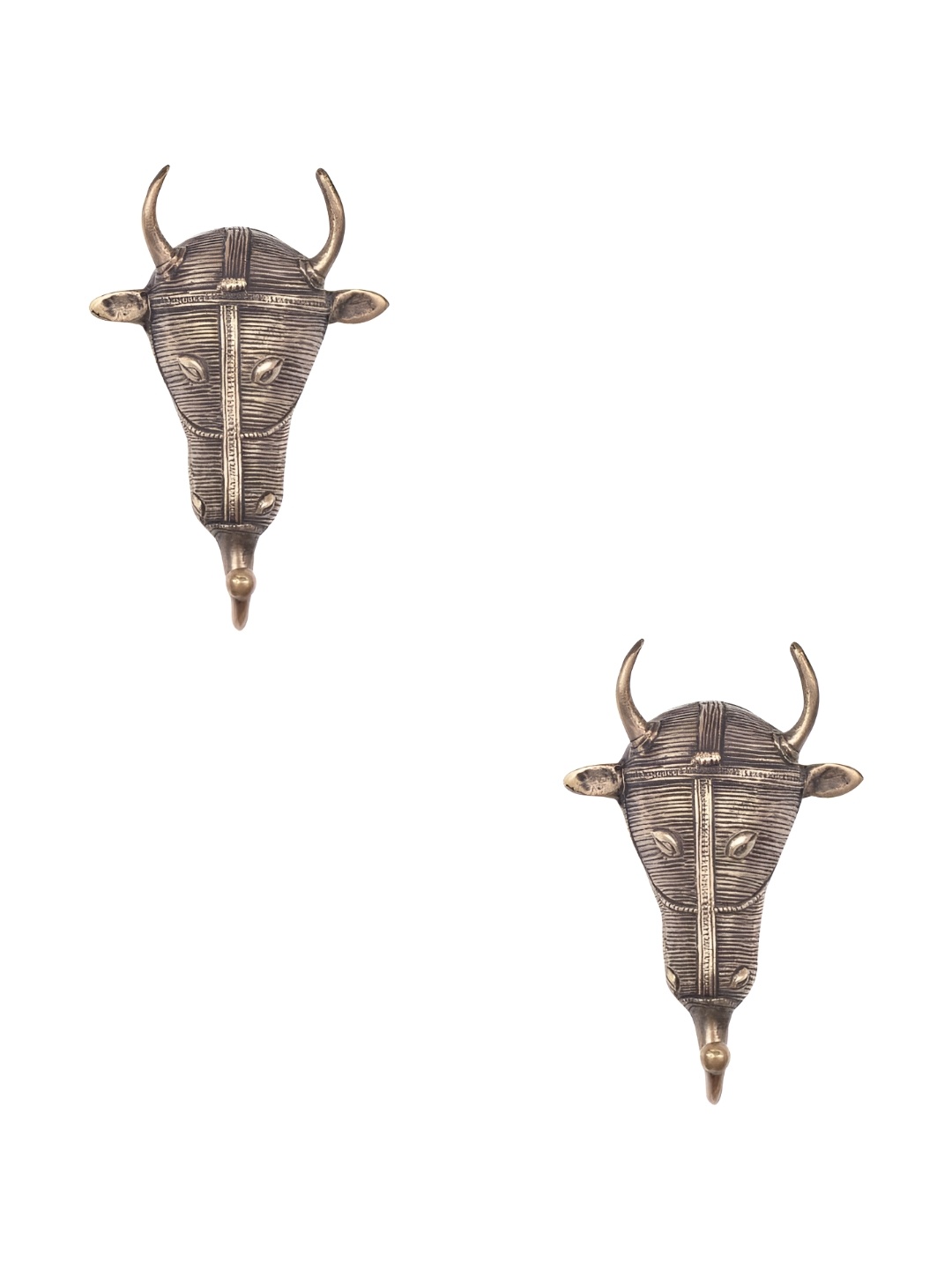 

IndianShelf Goldtoned 2 Pieces Tribal Bull Face Textured Brass Wall Hooks, Gold